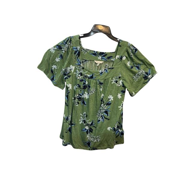Lucky Brand Shirt Green & Blue Floral Print Square Neck Flutter Sleeve Sz Medium - Picture 1 of 7